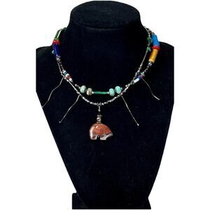 Brecciated Jasper Bear Fetish Beaded Necklace Sterling Silver Heishi Turquoise